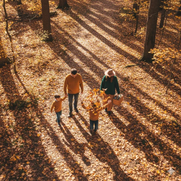Photo générée par une IA représentant une famille qui se balade en forêt vu du dessus