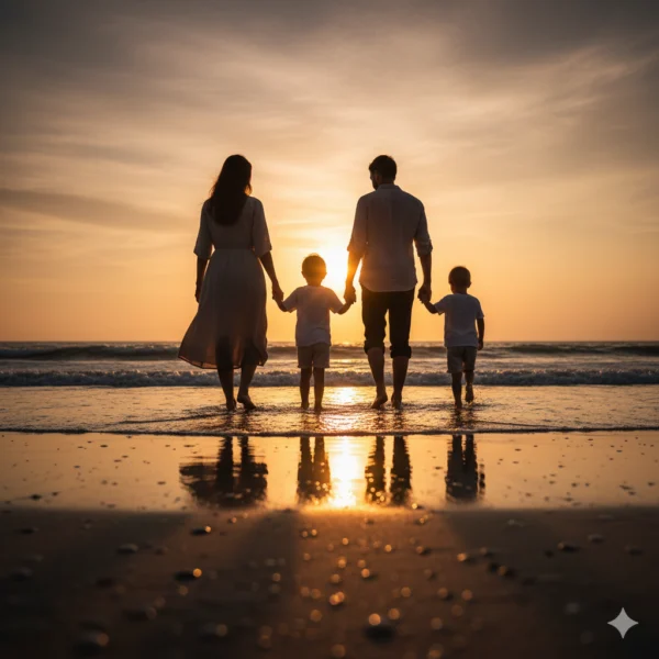 Photo générée avec une IA représentant une famille face à la mer et un coucher de soleil