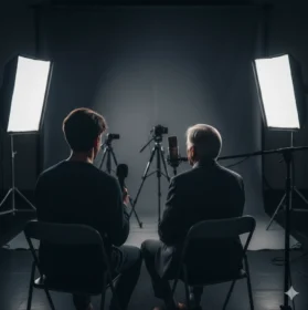 Photo générée par une IA représentant une personne âgée qui se fait interviewer