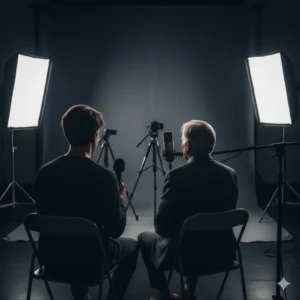 Photo générée par une IA représentant une personne âgée qui se fait interviewer