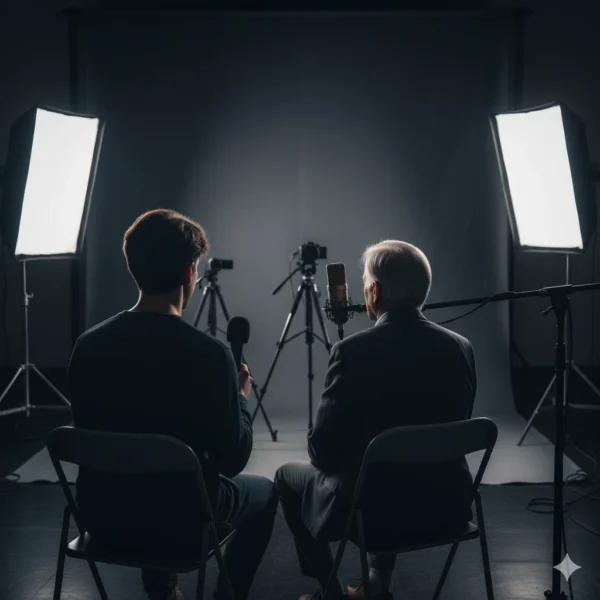 Photo générée par une IA représentant une personne âgée qui se fait interviewer