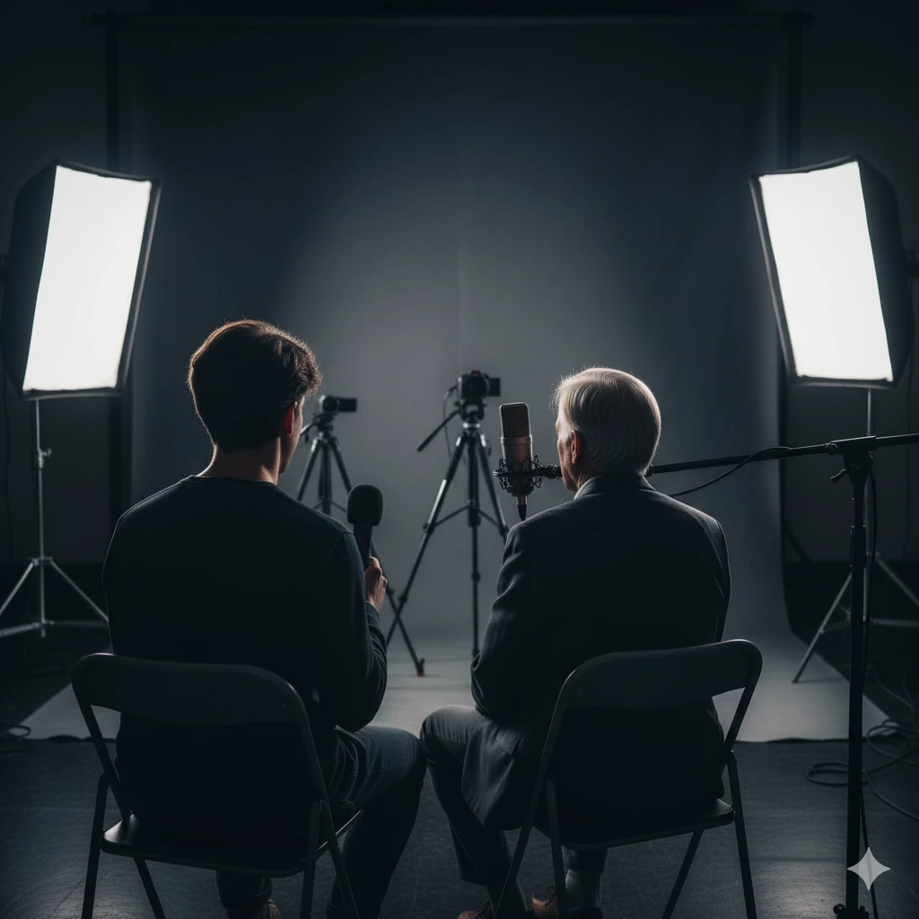 Photo générée par une IA représentant une personne âgée qui se fait interviewer