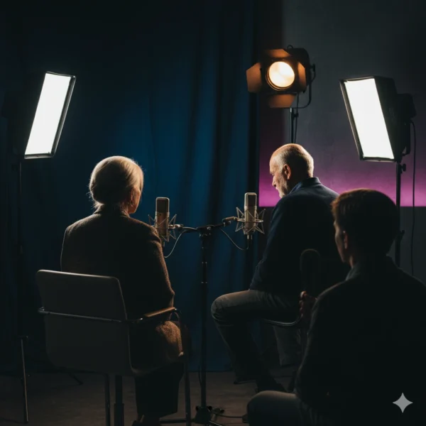 Photo générée par une IA représentant 2 personnes âgées qui se font interviewer
