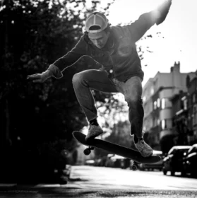 Photo d'un skateur en noir et blanc faisant une figure dans la rue