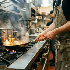 Photo généré par IA d'un cuisinier qui cuisine, avec des flammes dans sa poêle