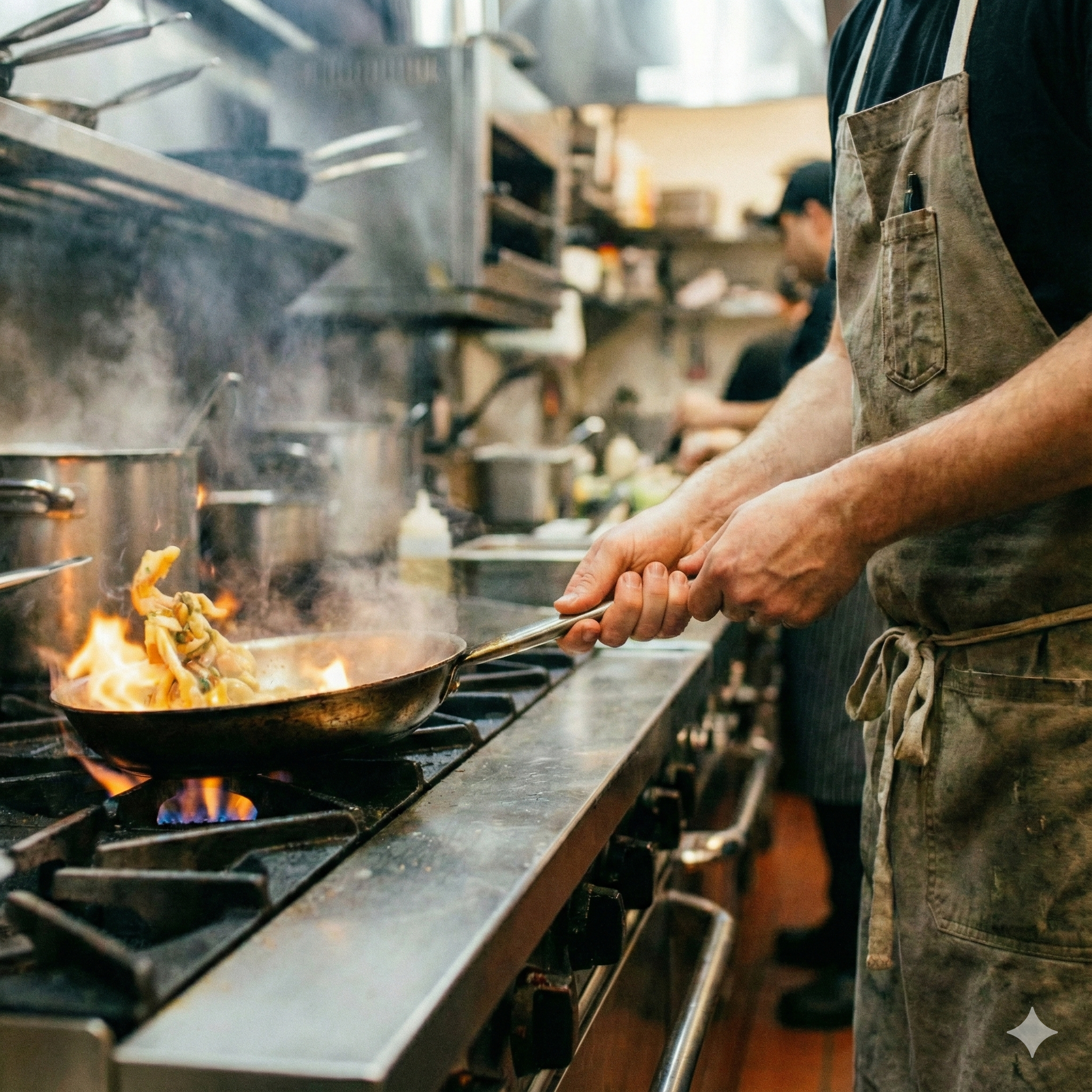 Photo généré par IA d'un cuisinier qui cuisine, avec des flammes dans sa poêle